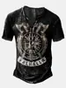 Camiseta Divertida tipo Burlón Talla Grande con Estampado de Runas de Cuervo Vikingo Lavado Retro Cuello Henley Manga Corta