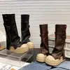 Botas altas nuevas de suela gruesa con hebilla de cinturón, botas western de punta redonda estilo motociclista para mujer, botas de montar plisadas con cremallera