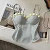 Top de tirantes strapless con encaje de rosa a rayas azules y blancas para mujer