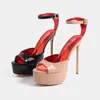 14cm AliExpress Plus Size Couro Patente Bico Aberto Salto Alto Sapato Único Sexy Palco Desfile de Moda Vazado Sandálias de Plataforma Impermeáveis
