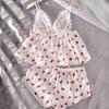 Pijama Fofa Casual Confortável de Alça para Mulheres com Estampa de Morango e Renda