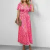 2026 Moda Feminina Transfronteiriça Europeia e Americana Outono Novo Estilo Vestido Longo Estampado Elegante Sexy Decote V Manga Curta Vestido Cintura Marcada