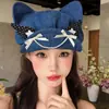 Boina de mezclilla con orejas de gato, lazo de lunares y perlas para mujer, sombrero octogonal dulce y elegante, sombrero de pintor estilo japonés