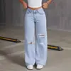 Europeo y Americano Transfronterizo 2025 Nuevo Jeans Sueltos Azul Claro Lavado Pierna Ancha Pantalones Color Puro Jeans de Mujer