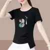 2026 Nova Camiseta de Manga Curta para Gestante de Comércio Exterior Feminina Solta Tamanho Grande Modeladora que Cobre a Barriga Estampada Meia Manga Top