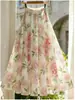 Saia Longa Estampada Floral Nova Estilo Verão Linha A para Mulheres Gola V Francesa Cintura Marcada Elegante Temperamento Saia Estampada