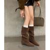 Botas Longas Quadradas de Salto Plataforma Alto para Mulheres 2025 Outono Novo Estilo com Aumento Interno de Altura, Botas de Montaria Simples Acima do Joelho