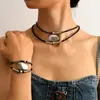 Joyería Transfronteriza Europea y Americana Ins Pulsera y Collar de Cordón de Cuero Encerado Cilíndrico, Cadena para Clavícula Multicapa Hip-Hop para Mujer