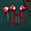 Horquilla Antigua de Año Nuevo para Niños Accesorios para el Cabello de Flor Roja Estilo Chino Festivo para Niña Pequeña Super Hada Tocado con Borla Oscilante