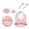 Plato con Ventosa Resistente a Caídas, Tenedor, Cuchara y Taza de Silicona de Grado Alimenticio Transfronterizo, Set con Babero de Silicona