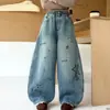 Calça Jeans de Outono para Meninas 2026 Novo Estilo Calça Larga Estampada Infantil Estilo Casual Coreano Tendência Calça Reta
