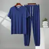 Conjunto de Pijama Casual de Verano para Hombre, Talla Grande, Cuello en V, Manga Corta, Modal, Color Sólido Delgado