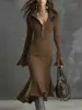 Moda Sexy Transfronteriza Europea y Americana Otoño e Invierno 2025 Nuevo Diseño de Solapa con Cremallera Mangas de Campana Vestido de Cola de Pez para Mujer