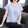 Camiseta de Manga Corta con Parches Bordados y Patchwork Estilosa para Mujer de Edad Media, Nueva Tendencia Verano 2026, Holgada que Reduce la Edad, Cubre Abdomen
