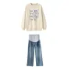 Conjunto de roupa de maternidade 2026 primavera/outono estilo coreano estampa de gato moletom de manga longa e jeans de perna larga que não mostram a gravidez