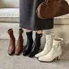 Botas de couro de duas camadas + super elásticas para mulheres, botas de corte justo para outono e inverno, saltos agulha com bico quadrado e detalhe de fivela, botas de tornozelo elásticas para mulheres