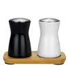 Juego de Tarros de Cerámica para Condimentos de Apertura y Cierre Automático Negro y Blanco con Soporte de Bambú y Tapa de Acero Inoxidable, Botella de Especias para Cocina a Prueba de Humedad