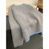 Otoño e Invierno Nuevo Engrosado Cómodo Suave Ceroso 100 Lana Pura Suéter de Punto Corto de Cuello Redondo con Bloques de Color para Mujer