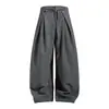 Calça de Terno Solta de Perna Larga para Homens, Cor Sólida, Estilo de Rua Tendência, Elegante com Pregas em Silhueta de Foice, Calça Casual