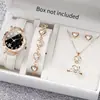 Conjunto de 6 peças de relógio feminino mais vendido internacionalmente, relógio feminino de alta qualidade com pulseira de couro e detalhes em diamante, relógio de pulso moderno com acessórios em formato de coração