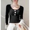 Blusa de tricô com gola U e botões delicados para mulheres, suéter curto slim fit versátil, nova blusa base da moda