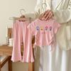 Conjunto de dos piezas de pantalones acampanados de manga corta estilo coreano para niños, princesa, nuevo para 2025, traje infantil estampado con cordones