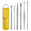 Set de 6 piezas de cuchara para limpiar oídos de cuero, portátil, de acero inoxidable, herramienta espiral para limpiar oídos con llavero