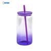 Vaso mason de vidrio de borosilicato alto de 16 oz para sublimación, color jalea degradado, tapa PP a color, vaso de vidrio para transferencia de calor con popote