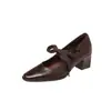 Sapatos Mary Jane de Couro com Cadarço Antiderrapante e Solado Silencioso 2026 Outono Salto Médio Grosso Bico Quadrado Couro Genuíno Sapatos Femininos
