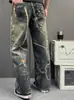 Jeans de Mezclilla con Estampado de Cadena Estilo Americano de Marca de Moda para Hombre, Verano Vintage Lavados Casuales de Pierna Recta Moda de Calle Pantalones Curvos