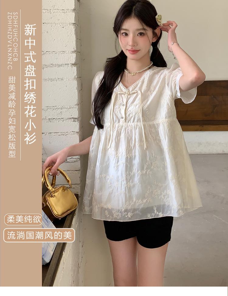 新中式孕妇套装宽松绣花雪纺衫托腹裤两件套