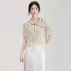 2607704-Camisa de Punto Acanalado Tencel Hueca Nanyou Camiseta Retro de Manga Corta con Cuello Campana Camisa Polo de Verano para Mujer