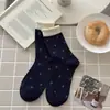 Calcetines retro de punto azul con estampado floral hasta la pantorrilla con lindos moños, dulces y femeninos, con ribete de encaje, estilo coreano, para otoño e invierno