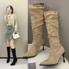 Botas largas para mujer 2026, punta fina, tacón alto, para primavera y otoño, botas ajustadas hasta la mitad de la pantorrilla, color caqui, zapatos de estilo retro para invierno