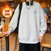 Moletom com capuz de algodão-poliéster, estilo Hong Kong, tendência ins, marca nova, outono e inverno, gola redonda com forro de fleece, top jaqueta versátil