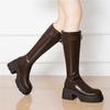 Botas Curtas de Solado Grosso com Salto Bloco na Cor Maillard para Mulheres, Novas Botas de Couro Retrô Outono e Inverno 2026