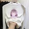 Camiseta base cálida de manga larga para niñas, longitud media, cuello semi-alto, estilo otoño/invierno, con estampados de dibujos animados, top de forro polar para niños