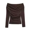 Para Roupas Femininas Europeias e Americanas Transfronteiriças Aliexpress Venda Quente Moda Outono Versátil Tricô com Franzido Três Cores Ombro a Ombro
