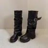 Diseño simple de hebilla de tacón bajo, botas de cuero de caña alta adelgazantes para mujer, botas de montar únicas y elegantes