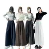 Calça larga de sarja com textura de bambu, imitando algodão e linho, para mulheres, novo estilo de outono, cintura alta, modelagem solta, casual, com fendas laterais, calça reta cropped