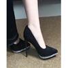 Zapatos de banquete elegantes y sexis negros de moda francesa para damas con tacones altos de gamuza y diamantes de imitación para mujer.