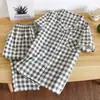 Pijama de Verão para Casal Manga Curta Calça Longa 100% Fio de Algodão Grau A Estilo Clássico xadrez sem estampa Conjunto de Loungewear Masculino e Feminino