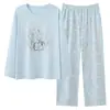 Nuevo Conjunto de Pijama de Algodón Puro Transpirable Amigable con la Piel, Cuello Redondo, para Mujer, Manga Larga Cómodo, Se Puede Usar Afuera, Conjunto de Ropa de Casa Estampado, Otoño e Invierno