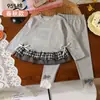 Conjunto Infantil Feminino Primavera e Outono Manga Longa 95% Algodão Saia Plissada Fofa Barra Conjunto de Duas Peças Roupas Casuais Estilosas para Bebê