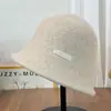Sombrero de Pescador Clásico de Mezcla de Lana Gris para Mujer, Sombrero Cubo Cálido Engrosado de Invierno con Logo de Letra, Sombrero Cubo Adelgazante