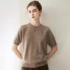 100% cachemir usando hilo Consinee, nuevo top de punto elegante de otoño/invierno para mujer, corto, de corte holgado, con cuello redondo y manga corta