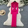 Vestido Tricot Elegante Estilo Retro para o Dia a Dia com Gola Lapela Botões Manga Longa Verão Cintura Marcada Saia Justa ao Corpo Afinando Temperamento