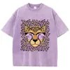 [Transfronteiriço 230g] Camiseta Feminina Retro Lavagem Ácida Estampa de Leopardo Estampa de Desenho Animado Gola Redonda Algodão Manga Curta Moda