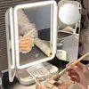 Espejo de maquillaje LED plegable de tres caras más vendido de Amazon con control táctil, tres temperaturas de color y rotación multiángulo, espejo de tocador de escritorio