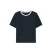Camiseta de Manga Corta Lyocell Tencel Lino con Cuello Color Block, Tejido Fino Primavera/Verano, Hombro Ligeramente Caído, Suéter Casual Base